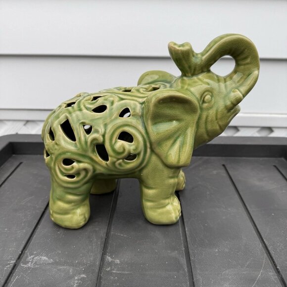Carved Lace Crackle Finish Ceramic Green Elephant Statue Vintage Figurine - Picture 2 of 13